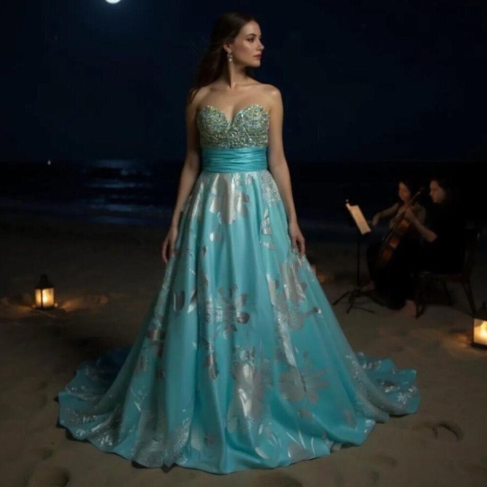 Alyce Paris Dress Prom Formal Evening Gown Blue Metallic Rhinestones Bodice Sz 6